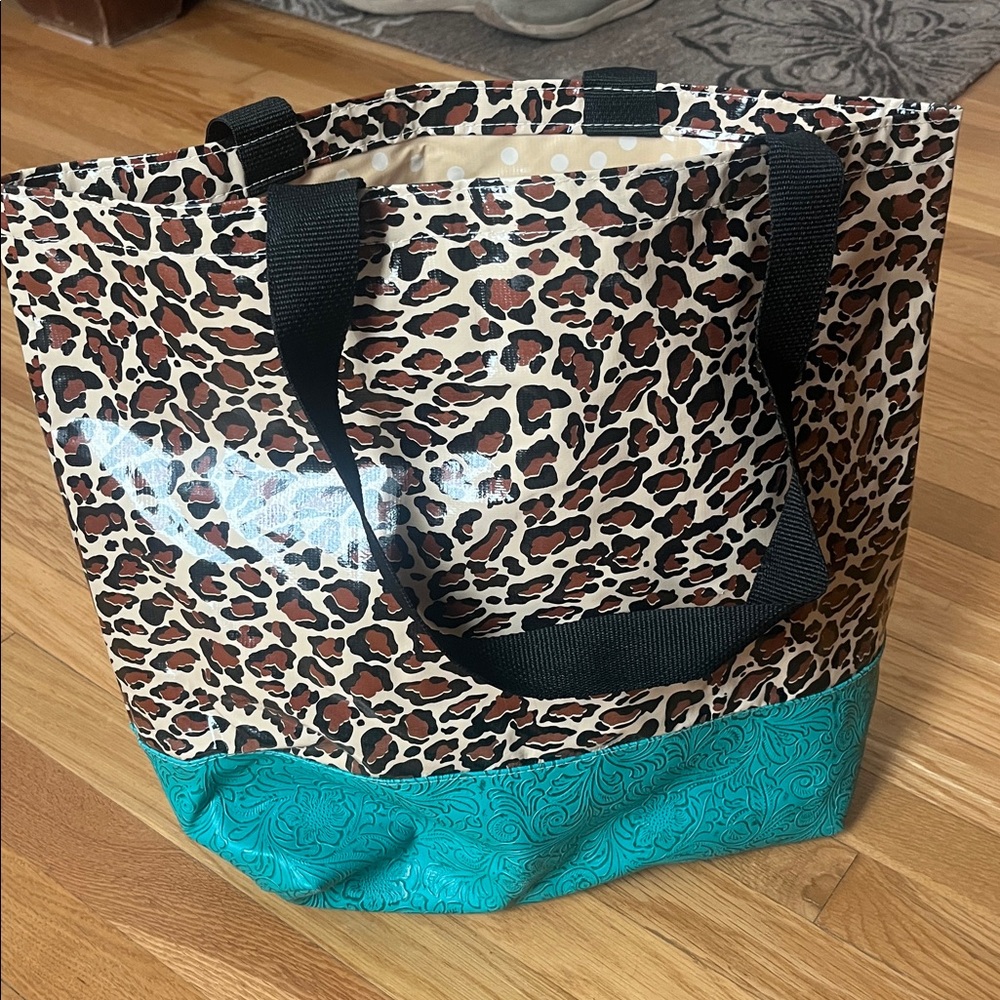 Large leopard and turquoise tote bag